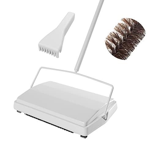 JEHONN Carpet Floor Sweeper with Horsehair, Non Electric Manual Sweeping, Rotor Brush Heavy Duty for Pet Hair Clean - color: White