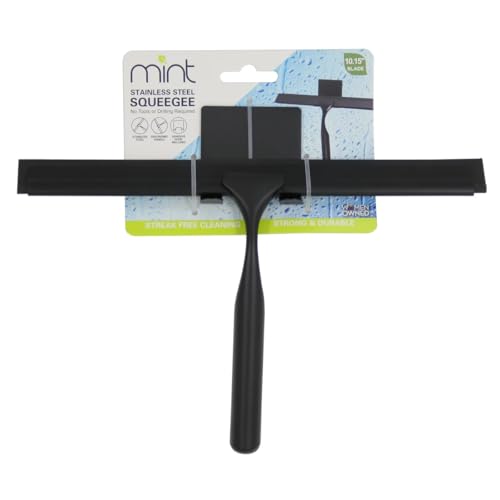 J&V TEXTILES All-Purpose Stainless Steel Shower Squeegee for Glass Doors with Adhesive Hooks, Squeegee for Shower Glass, Bathroom Household Cleaner Tool, 10 Inch (Black) - color: Black