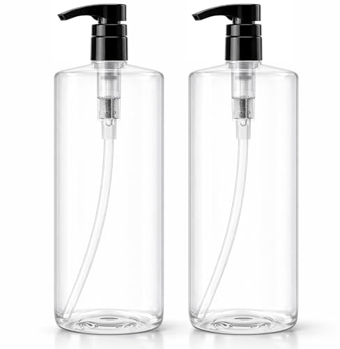 Bar5F Empty Pump Bottles 32 oz. (1-Liter) BPA-Free Crystal-Clear USA 2-Pack | Large Refillable Containers for Shampoo, Conditioner, Body Wash, Lotion, Gel, Laundry Detergent, Hand Soap