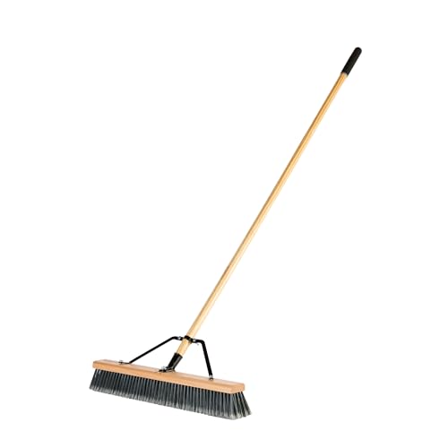 Restaurantware-Clean Tek Professional 24 Inch Push Broom, 1 Heavy-Duty Broom with 60” Handle - Medium Plastic Bristles, Durable, Wooden, Commercial Use, for Deck, Driveway, Garage, Yard, Patio