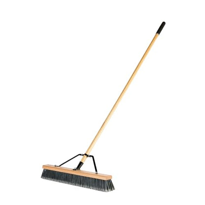 Restaurantware-Clean Tek Professional 24 Inch Push Broom, 1 Heavy-Duty Broom with 60” Handle - Medium Plastic Bristles, Durable, Wooden, Commercial Use, for Deck, Driveway, Garage, Yard, Patio