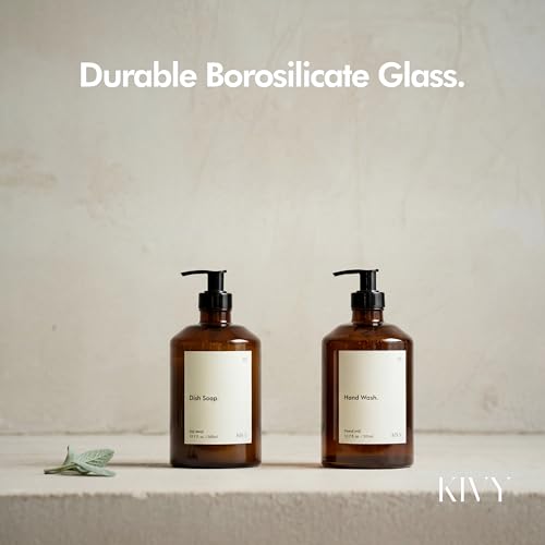 KIVY Glass Soap Dispenser Set [INCL. Waterproof Labels] - Brown Glass Soap Dispenser with Pump - Hand Soap and Dish Soap Set - for Kitchen, Shower & Bathroom (2X 16oz) - color: Brown Glass