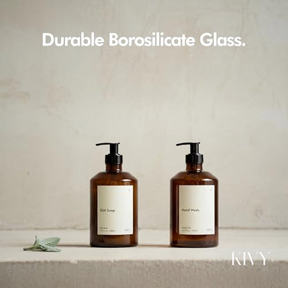 KIVY Glass Soap Dispenser Set [INCL. Waterproof Labels] - Brown Glass Soap Dispenser with Pump - Hand Soap and Dish Soap Set - for Kitchen, Shower & Bathroom (2X 16oz) - color: Brown Glass