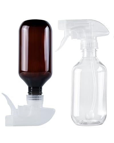2 Pack 360° Spray Bottles, 10 oz Plastic Small Containers with Adjustable Spray Nozzles, Spray Bottles for Hair, Cleaning Solutions, BBQ and Plants Amber&Clear - color: Amber&Clear, size: 10 Ounces