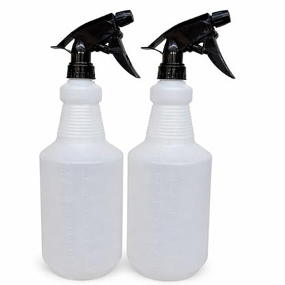 32 oz Spray Bottles 2 Pack, Heavy Duty Spray Bottle with Adjustable Nozzle Mist & Stream, Refillable Plastic Spray Bottles with Measurements (mL/oz), Leakproof Chemical Resistant Cleaning Spray Bottle