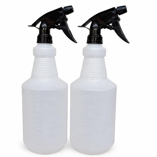 32 oz Spray Bottles 2 Pack, Heavy Duty Spray Bottle with Adjustable Nozzle Mist & Stream, Refillable Plastic Spray Bottles with Measurements (mL/oz), Leakproof Chemical Resistant Cleaning Spray Bottle