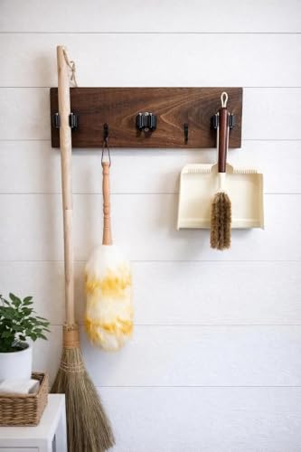 Farmhouse Wooden Broom Mop Holder Wall Mounted Cleaning Tool Storage Rack with Metal Clips for Home Laundry Room Garage Organizer