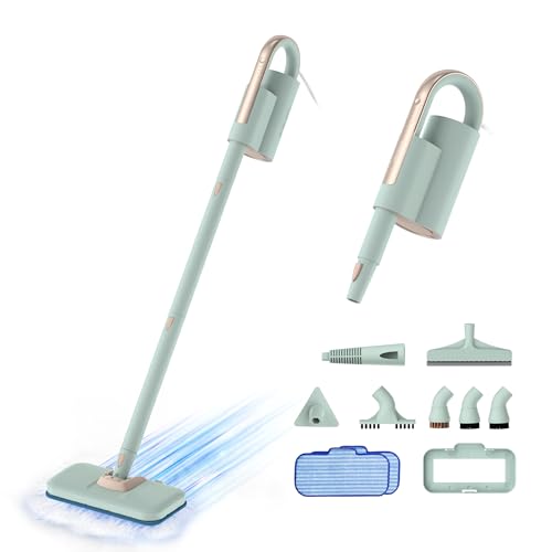 Newbealer Steam Mop & Detachable Handheld Cleaner, 1200W Floor Steamer | 3 Adjustable Levels for Carpet Laminate Hardwood Grout, Carpet Glider, 7 Multi-purpose Accessories & 2 Pads, 250ml Tank - color: Mint Green with 7 brushes