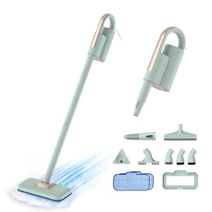 Newbealer Steam Mop & Detachable Handheld Cleaner, 1200W Floor Steamer | 3 Adjustable Levels for Carpet Laminate Hardwood Grout, Carpet Glider, 7 Multi-purpose Accessories & 2 Pads, 250ml Tank - color: Mint Green with 7 brushes
