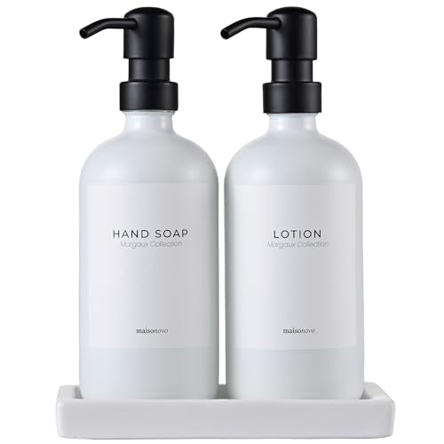 MaisoNovo Bathroom Soap Dispenser Set- Soap and Lotion Dispenser Set with White Soap Dispenser, Black Pumps & Ceramic Tray - color: White Bottles/ Black Pumps/ White Ceramic Tray
