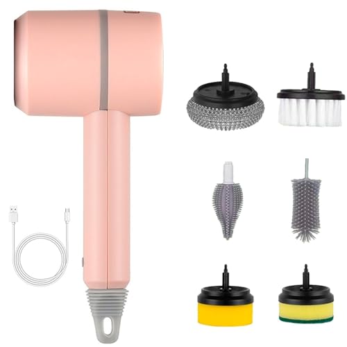 Electric Spin Scrubber, Cordless Electric DishGun Cleaning Brush, with 6 Replaceable Brush Heads Power Scrubber, for Bathroom Floor Window Kitchen Sink Dish Pot (Color : Pink) - color: Pink