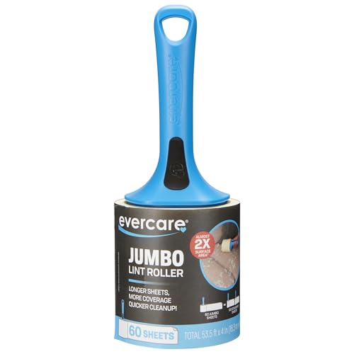 Evercare Jumbo Lint Roller, 60‑Sheet Extra‑Large Adhesive Roller with Blue Handle for Pet Hair & Lint