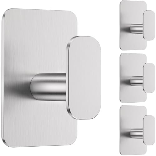 Large Heavy Duty Wall Hooks - 26lb Max, Stainless Steel Adhesive Towel Hooks for Hanging Towel, Coat, Robe, Hat, Sticky Towel Holder for Wall Mount in Bathroom, Shower, Kitchen(Silver, 4 Pack) - color: Silver