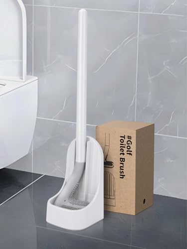 Silicone Toilet Brush and Holder Set, Golf Head Design, Flexible Toilet Bowl Brush Head with Silicone, Long Handle, Wall Mounted with Removable Anti-Leakage Base, Bathroom Deep Cleaning (White) - color: White