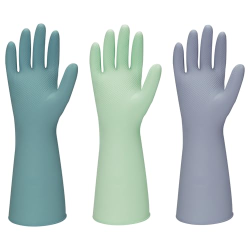 Rubber Kitchen Dishwashing Gloves - 3 Pairs Colorful Reusable Household Cleaning Gloves For Washing Dishes And Cleaning Tasks，Flexible And Durable Waterproof (Small, Dark Green+Green+Gray) - color: 3 Color, size: Small