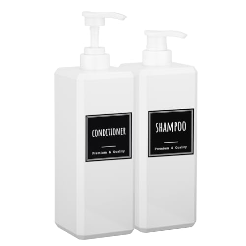 Segbeauty 33.8oz Plastic Soap Dispenser Bathroom, 2pcs Sqaure Body Wash Container Empty, 1000ml White Leakproof Hand Soap Dispenser, Large Pump Bottles for Shampoo and Conditioner with Labels - color: White, style: 2pcs