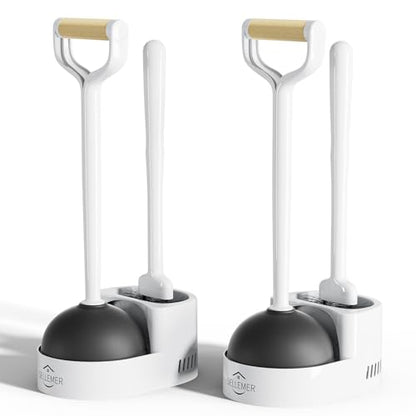 Sellemer 2 in 1 Toilet Brush and Plunger Set, Curved Design Head for Deep Clean, Heavy Duty Toilet Bowl Brush and Plunger Combo with Holder for Bathroom,White, 2 Pack - color: White