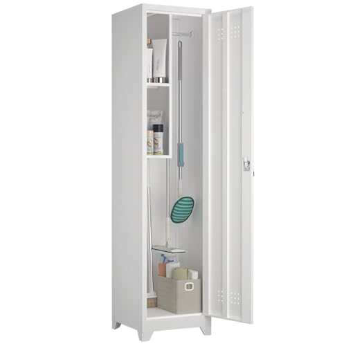 Slim Broom Storage Cabinets, Metal Cabinet with Shelves and Hanging Rod, 15.75" W Utility Storage Cabinet with Locking Door, Slim Cabinet for Small Spaces, Kitchen, Pantry, Office, Shop - color: 65"h-slim Cabinet / White