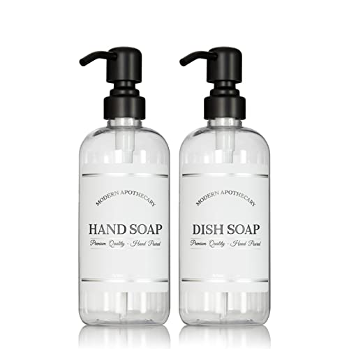 Clear Refillable Hand and Dish Soap Dispenser Set with Pumps for Kitchen Sink - PET Plastic Soap Bottles Refillable with Pump - Waterproof Labels - 16 oz, 2 Pack (Black Satin) - color: Black Satin Pumps