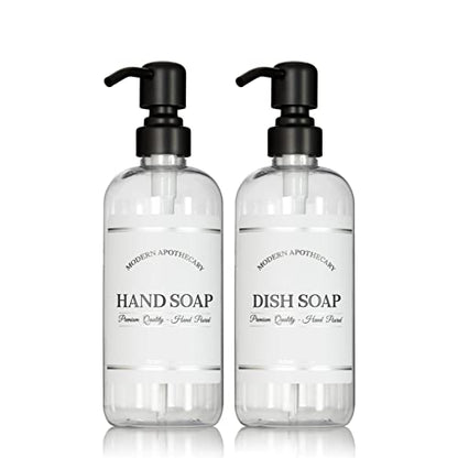 Clear Refillable Hand and Dish Soap Dispenser Set with Pumps for Kitchen Sink - PET Plastic Soap Bottles Refillable with Pump - Waterproof Labels - 16 oz, 2 Pack (Black Satin) - color: Black Satin Pumps