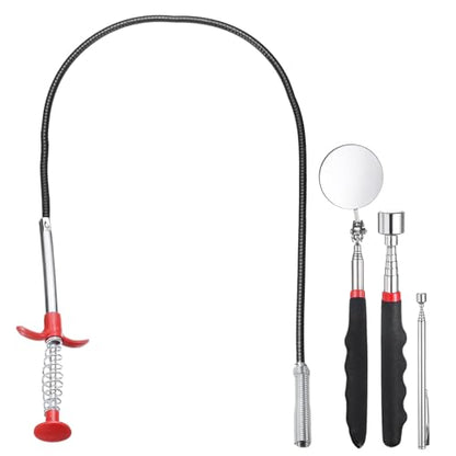 HARFINGTON Flexible Grabber Claw Pick Up Tool Set 0.47" Dia. 63" Bendable Spring Telescoping Inspection Mirror Magnet Rod 4 Claws Stainless Steel Cleaning Hook for Auto Repair Home Sink Drain