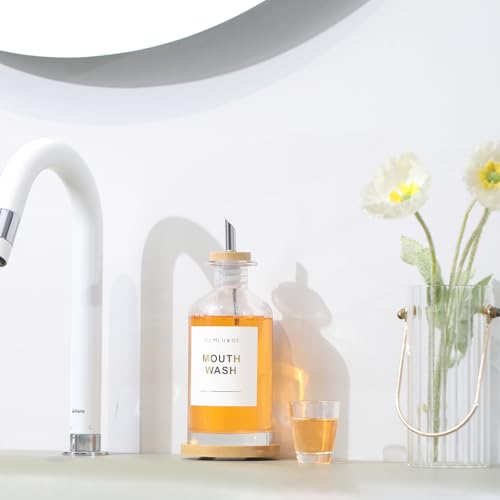 11.8OZ Glass Mouthwash Dispenser for Bathroom with Stainless Steel & Bamboo Nozzle, Mouthwash Cup Reusable, Bamboo Tray, and Elegant Gold Sticker.（Clear - color: Clear/350*1