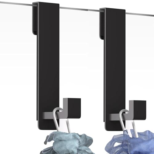 Shower Door Hooks, Heavy Duty Rack Hooks for Robe, Stainless Steel Towel Hooks for Bathroom, Fits Frameless Glass Shower Doors up to 3/8" (10mm) Thick (Black, 2 Pack) - color: Black, size: "7" Shape- 2 Pack