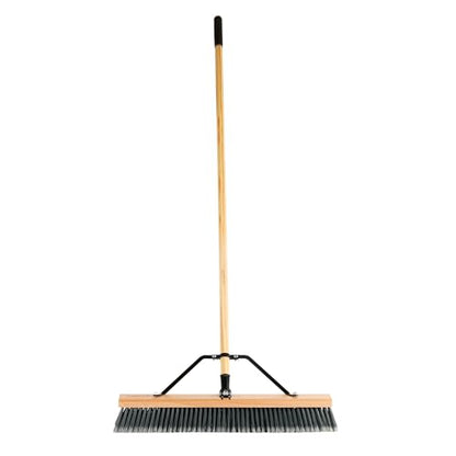 Restaurantware-Clean Tek Professional 24 Inch Push Broom, 1 Heavy-Duty Broom with 60” Handle - Medium Plastic Bristles, Durable, Wooden, Commercial Use, for Deck, Driveway, Garage, Yard, Patio