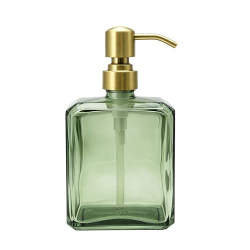 Green Glass Soap Dispenser Square 13.5 oz | Refillable, Rectangular, Rust Proof Stainless Steel Pump, For Bathroom Vanity & Kitchen Countertop - color: Green Bottle and Brushed Gold Pump, size: 13.5oz-Square