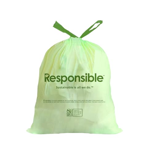 Responsible Products Kitchen Bin Liners, Certified Compostable, Heavy Duty Multipurpose Food Scrap Bags, Made from Compostable Materials (13 Gallon Drawstring, 13 Gallon (100 Count)) - size: 13 Gallon (100 Count), style: 13 Gallon Drawstring