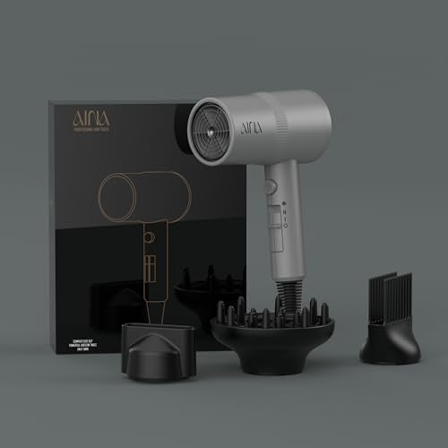 AINA Hair Dryer with Diffuser, Comb | Blow Dryer for Women Compact Travel Professional Ionic Blow Dry | Cold Shot Button 110V/ALCI (Ash Grey) - color: Ash Grey, size: 4 Piece