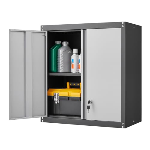 GREATMEET Lockable Storage Cabinet, Metal Garage Storage Cabinets, Metal Wall Cabinet for Garage, Wall Mount Cabinet with Lock and Adjustable Shelf, Floating, Black&Grey - color: Black & Grey, size: 28"H Wall Mount Storage Cabinet