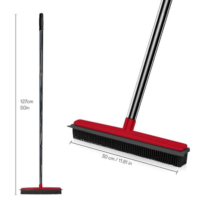 Rubber Broom with Hair Removal Gloves for Carpet Pet Hair Remover,50 inch Long Handled Fur Remover Rake,Portable Detailing Lint Brush,Pet Removal Fluff Carpet, Hardwood Floor and Tile,Red