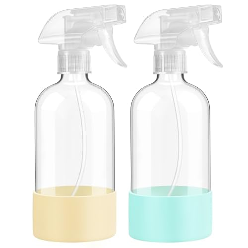 Glass Spray Bottles with Silicone Sleeve Protection, 16 oz 2 Pack, Reusable Spray Bottles with Adjustable Nozzle for Hair, Cleaning Solutions, Plants, Pale Yellow&Mint Green - color: Pale Yellow&Mint Green