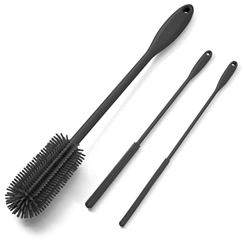 3-in-1 Silicone Bottle Brush and Straw Cleaning Brush Set, Water Bottle Cleaner for Narrow Neck Containers, Tumblers, Flask, Vase and Glassware (Charcoal) - color: Charcoal