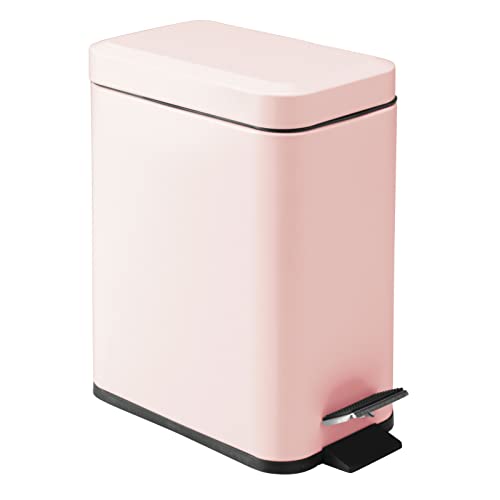 mDesign Small Modern 1.3 Gallon Rectangle Metal Lidded Step Trash Can, Compact Garbage Bin with Removable Liner Bucket and Handle for Bathroom, Kitchen, Craft Room, Office, Garage - Light Pink - color: Light Pink, size: 1.3 Gallon