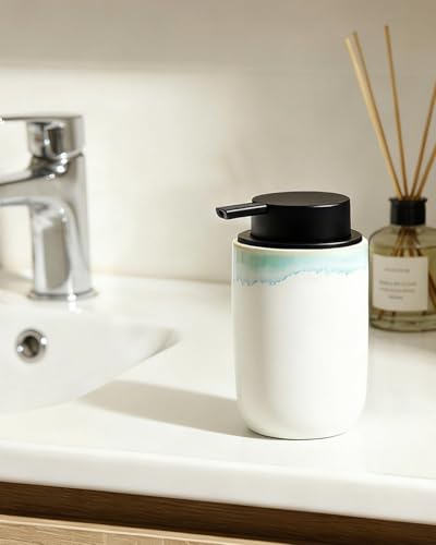 BosilunLife Hand Soap Dispenser - Foam Soap Dispenser Bathroom Ceramic Dish Liquid Soap Dispenser for Kitchen, Bathroom Countertop Soap Dispensers (White with Blue-Green Rim Liquid Pump) - color: White With Blue-green Rim Liquid Pump
