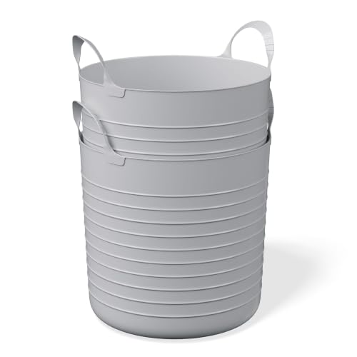 10 Gallon Large Gray Plastic Flex Storage Basket, Lightweight Soft Sided Portable Organizer Bin, Easy Clean Flexible Tote for Bedroom, Closet, Dorm, Laundry & Office Supplies Storage