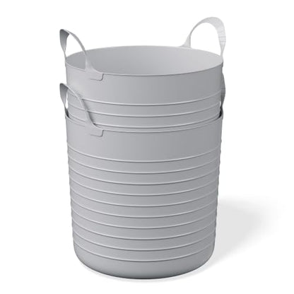 10 Gallon Large Gray Plastic Flex Storage Basket, Lightweight Soft Sided Portable Organizer Bin, Easy Clean Flexible Tote for Bedroom, Closet, Dorm, Laundry & Office Supplies Storage