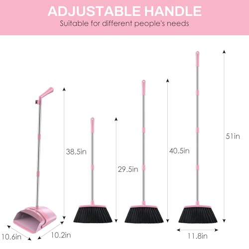Broom and Dustpan Set for Home, 51-in Long Adjustable Handle Angle Broom and Dustpan Combo Set with Dust Pan Teeth to Clean Hair for Home Kitchen Office Lobby Floor Garden, Pink - color: Pink