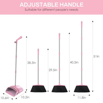 Broom and Dustpan Set for Home, 51-in Long Adjustable Handle Angle Broom and Dustpan Combo Set with Dust Pan Teeth to Clean Hair for Home Kitchen Office Lobby Floor Garden, Pink - color: Pink