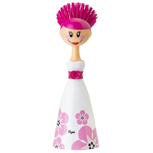 Vigar Dolls April Dish Brush with Ergonomic Handle and Dres-shaped Storage Holder - Scrub Brush for Pans, Pots, Kitchen Sink Cleaning, White, Pink - color: White, Pink