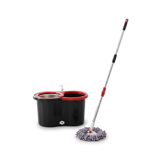 Spin Mop & Bucket Set with 2 Microfiber Mop Heads – Durable Stainless Steel & ABS Build – Black Red, Blue, Purple Colors – Bucket with 90–120cm Telescopic Handle