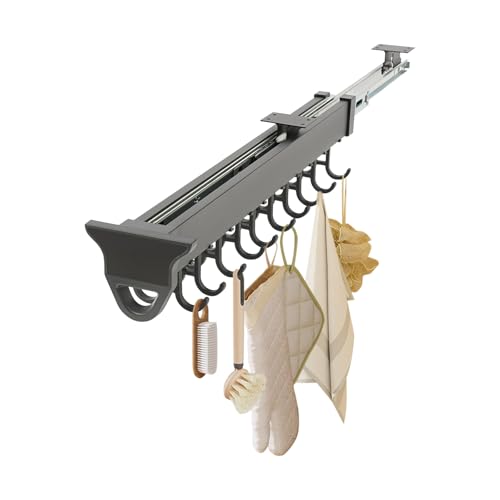 Aluminum Alloy Pull Out Broom Holder, 66lbs Load-Bearing broom storage, 20-Hook Multifunctional Slide Organizer, Cabinet Wall Mounted for Kitchen, Garage, Closet