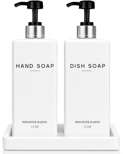 White Glass Hand and Dish Soap Dispenser Set by Brighter Barns - Kitchen Soap Dispenser Set with Tray & Pump - Modern Kitchen Decor and Accessories for Hotel, Vacation Rental, Airbnb (White/Silver) - color: White/Silver