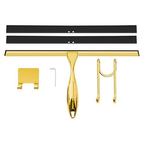 14-Inch Shower Squeegee, Stainless Steel Squeegee for Shower or Window Glass Door, Includes Two Spare Scrapers and one Adhesive Hook. (Gold, 14 in) - color: Gold, size: 14 in