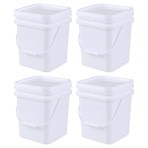 4 Packs Square Food Buckets with Lid, 5 Gallon Plastic Lidded Storage Bucket, Utility Pail, White - size: 5 Gallon