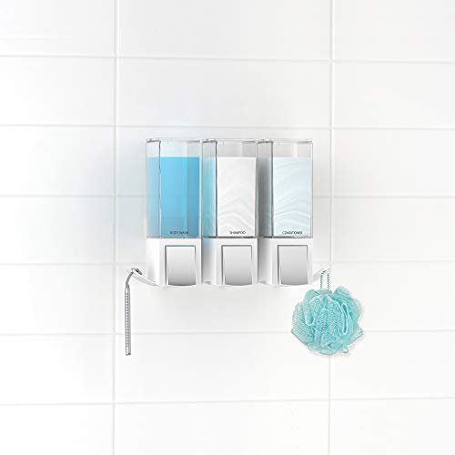 Better Living Clever Triple Shower Dispenser 3 Chamber, Wall Mount Shower Soap Dispenser for Bathroom Hotel Body Wash, Storage Hooks, No Drill, Waterproof Shampoo Soap Dispenser Pump, 3 x 17 oz, White - color: White/Chrome, style: Triple Dispenser
