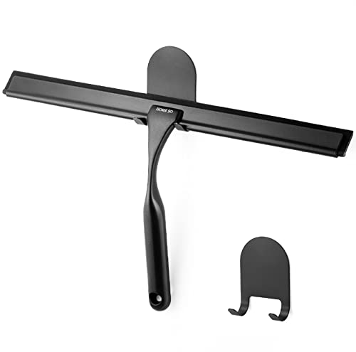 HOME SO Shower Squeegee for Glass Doors – Stainless Steel Squeegee with Adhesive Hooks - Window, Floor & Car Squeegee, Multi-Purpose Bathroom, Mirror & Tile Cleaner - Bathroom Essentials - Black 12" - color: Matte Black