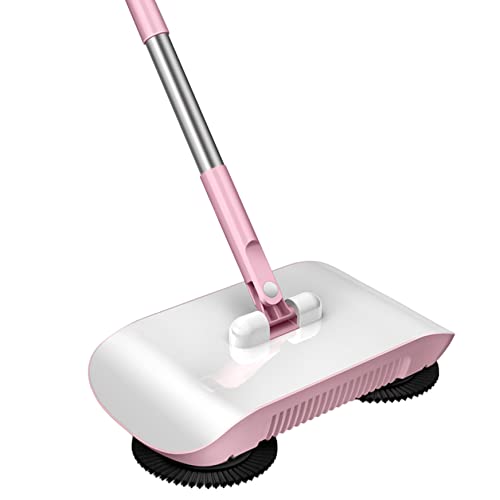Hand Push Sweeper, 3 in 1 Hand Sweeping Mop with Vacuum Cleaner & Crumb Sweeper, Floor Cleaning Tools for Cleaning Floor Rugs Hair, Fruit Shell, Dust (Pink)